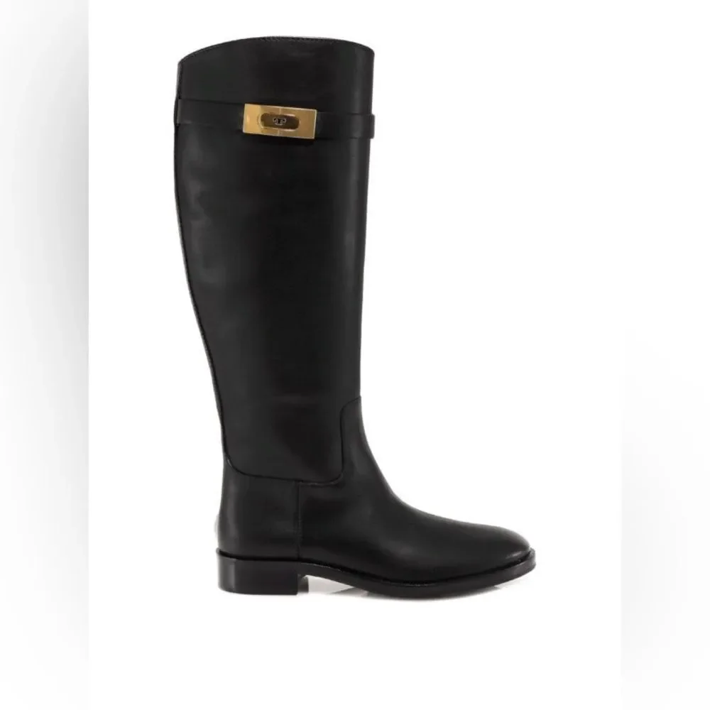 NWOB Tory Burch Calf Leather T-Hardware Tall Riding Boots in Perfect Black sz 6